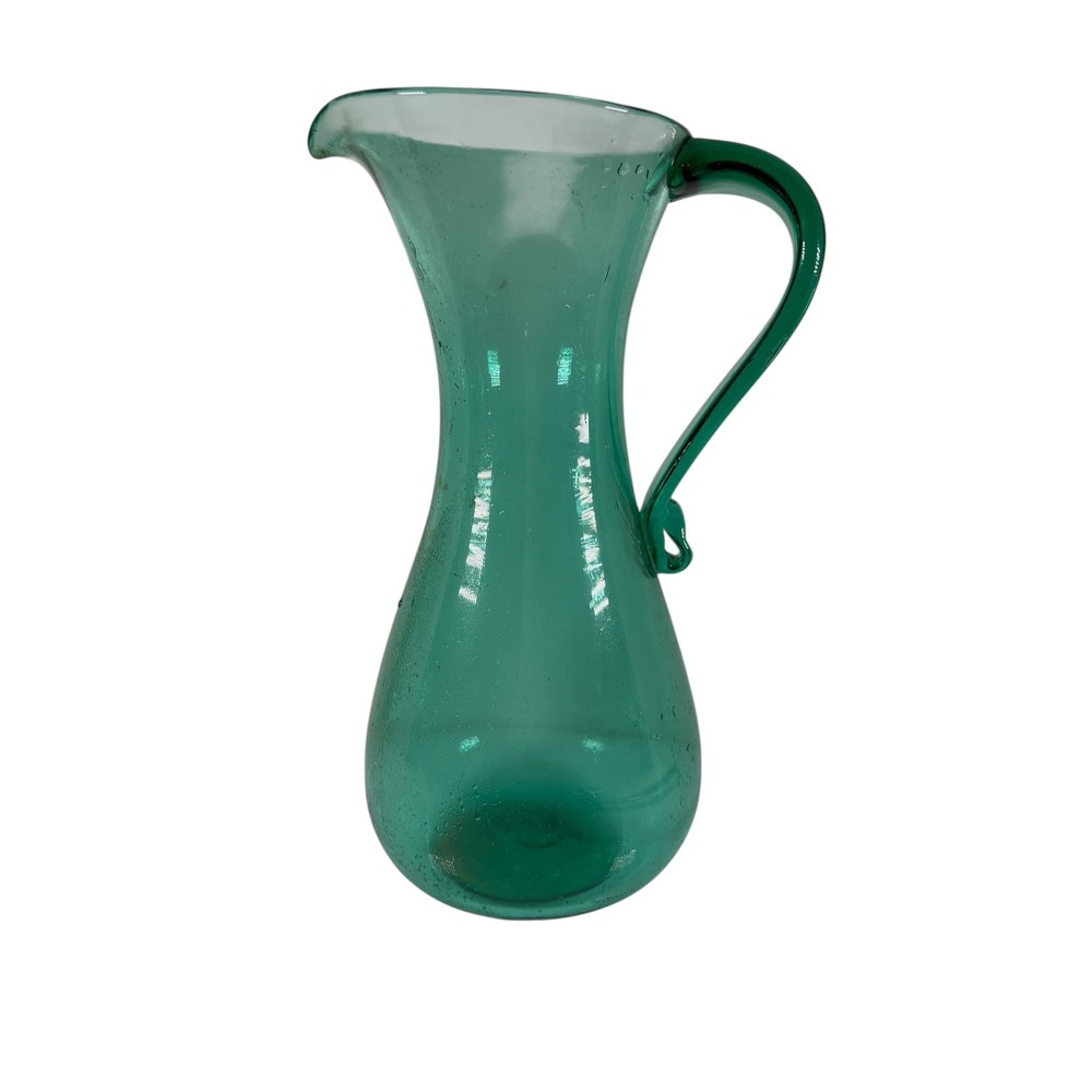 Unbranded Glass Pitcher Unisex 12.5in Teal Green Excellent Hand Blown Seeded MCM